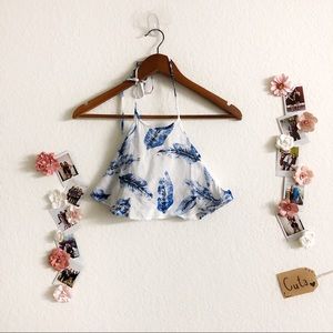 Blue/Whit Halter Ruffle Tied-Up Top